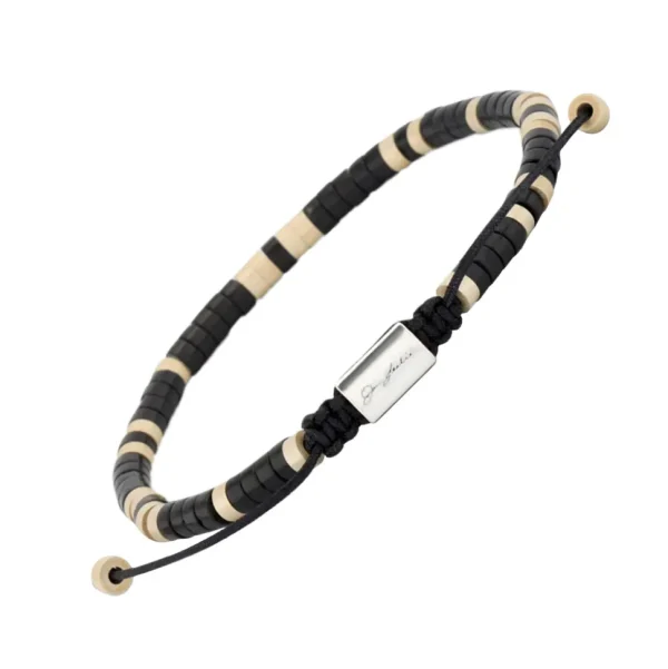 Black Agate Beaded Sterling Pull Cord Bracelet