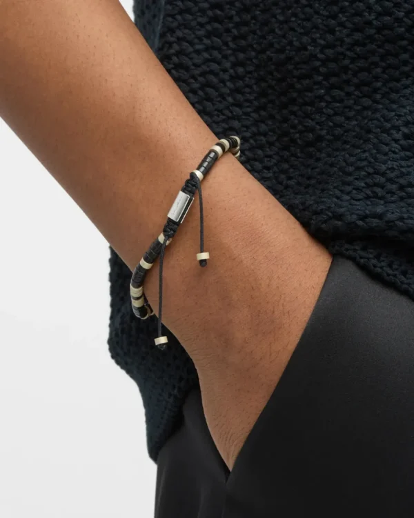 Black Agate Beaded Sterling Pull Cord Bracelet