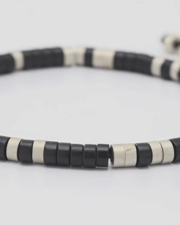 Black Agate Beaded Sterling Pull Cord Bracelet