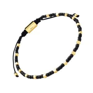 Black Glass & Gold Vermeil Accent Beads Pull Cord Bracelet