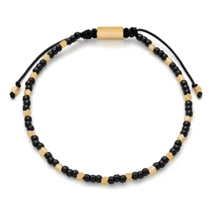 Black Glass & Gold Vermeil Accent Beads Pull Cord Bracelet