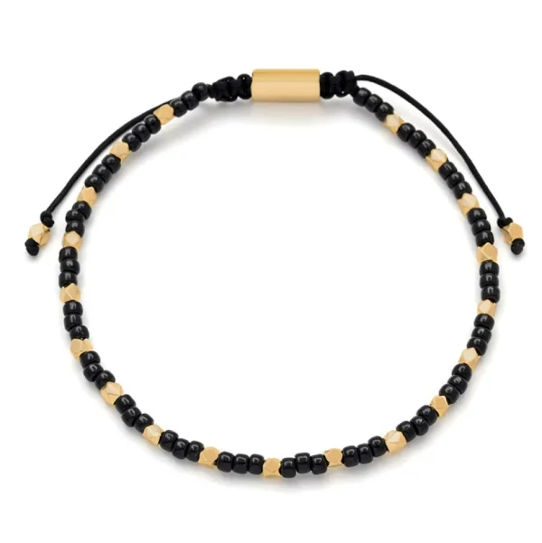 Black Glass & Gold Vermeil Accent Beads Pull Cord Bracelet