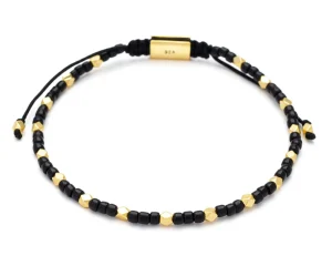 Black Glass & Gold Vermeil Accent Beads Pull Cord Bracelet