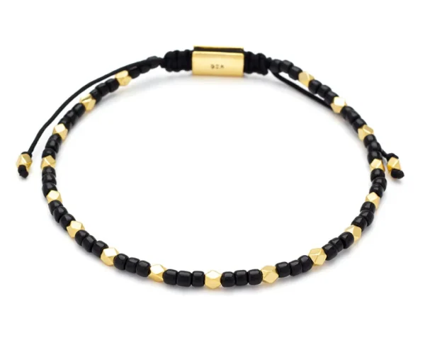 Black Glass & Gold Vermeil Accent Beads Pull Cord Bracelet
