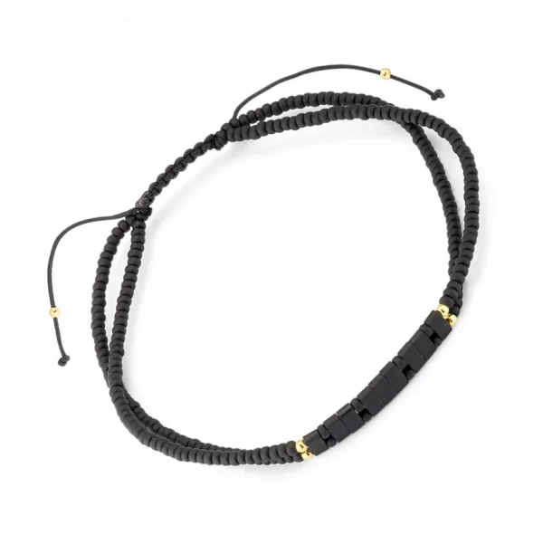 Black Glass Micro-Bead Wax Pull Cord Bracelet