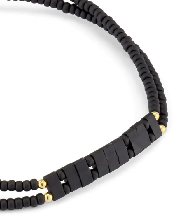 Black Glass Micro-Bead Wax Pull Cord Bracelet