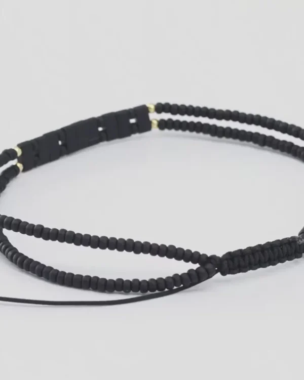 Black Glass Micro-Bead Wax Pull Cord Bracelet