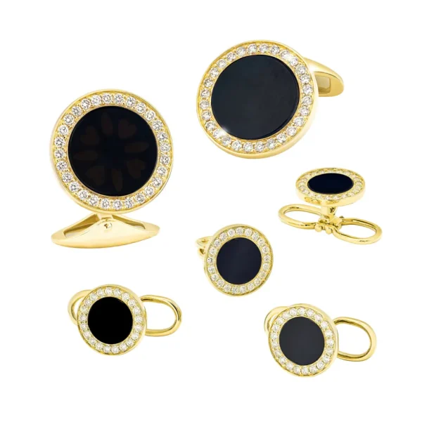 Black Onyx & Diamond 18K Gold Tuxedo Studs & Cufflinks Set