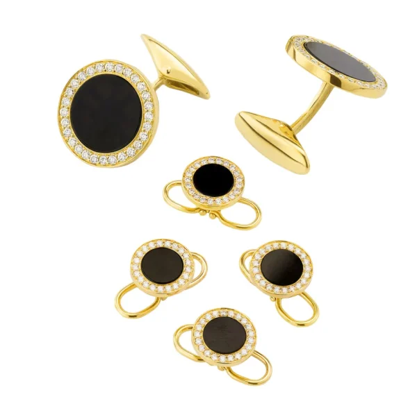 Black Onyx & Diamond 18K Gold Tuxedo Studs & Cufflinks Set