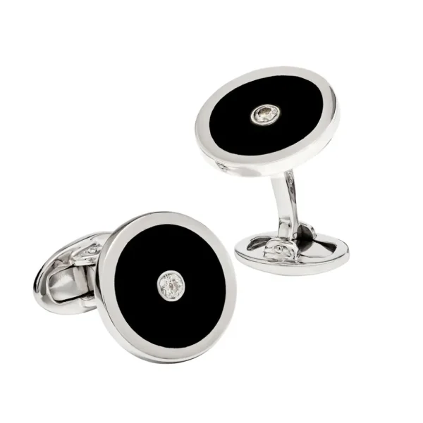 Black Onyx and Diamond Sterling Silver Round Cufflinks