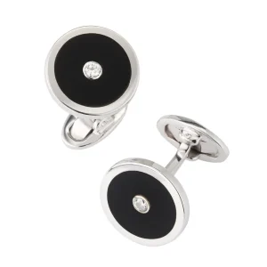 Black Onyx and Diamond Sterling Silver Round Cufflinks