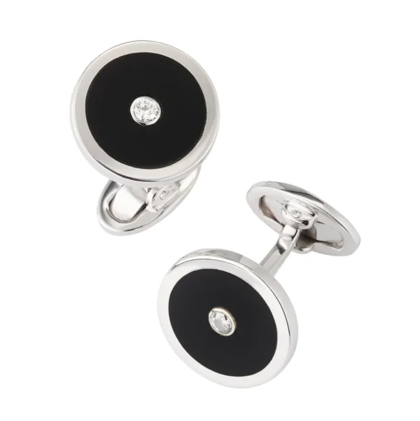 Black Onyx and Diamond Sterling Silver Round Cufflinks