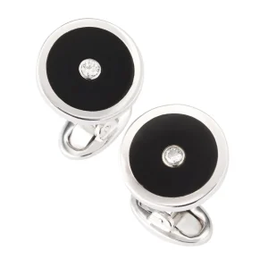 Black Onyx and Diamond Sterling Silver Round Cufflinks