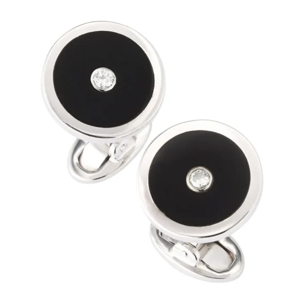 Black Onyx and Diamond Sterling Silver Round Cufflinks