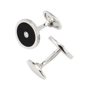 Black Onyx and Diamond Sterling Silver Round Cufflinks