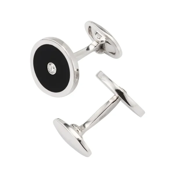 Black Onyx and Diamond Sterling Silver Round Cufflinks