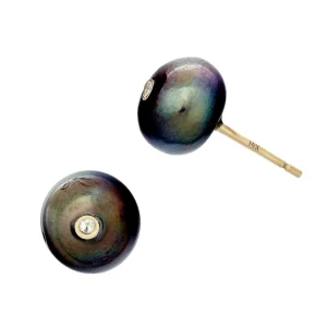 Black Pearl and White Diamonds 18K Yellow Gold Post Earrings