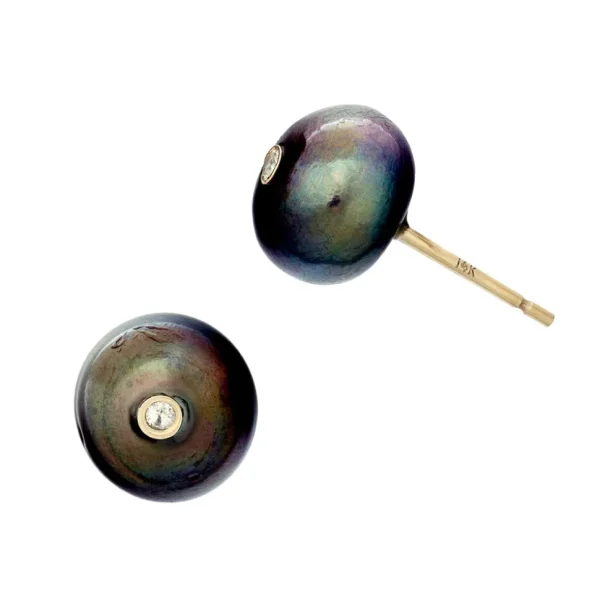 Black Pearl and White Diamonds 18K Yellow Gold Post Earrings