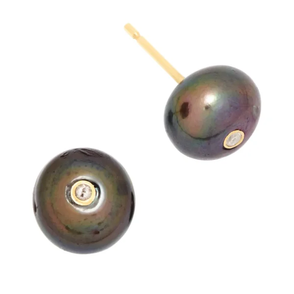 Black Pearl and White Diamonds 18K Yellow Gold Post Earrings