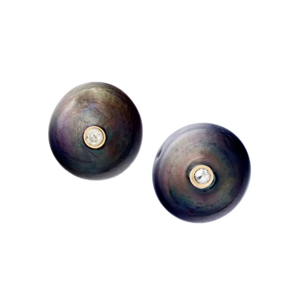 Black Pearl and White Diamonds 18K Yellow Gold Post Earrings