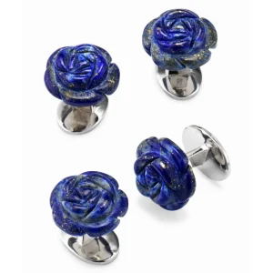 Blue Lapis Hand Carved Gemstone Rose Sterling Silver Tuxedo Studs