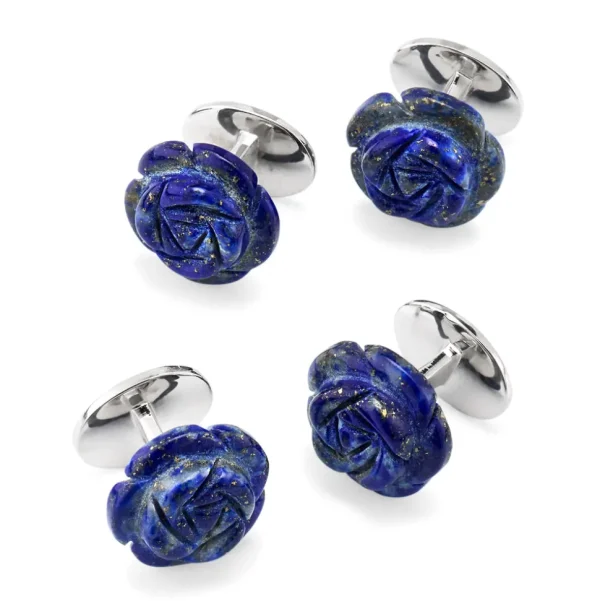 Blue Lapis Hand Carved Gemstone Rose Sterling Silver Tuxedo Studs