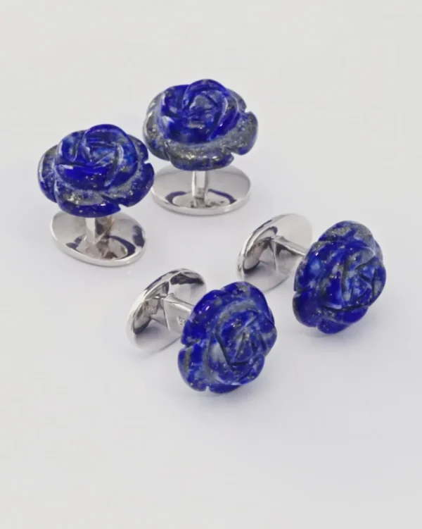 Blue Lapis Hand Carved Gemstone Rose Sterling Silver Tuxedo Studs