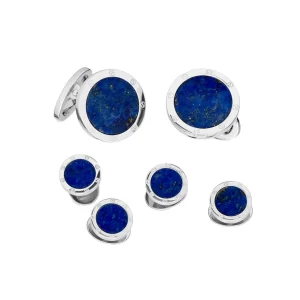 Blue Lapis Rivet Etch Sterling Cufflinks & Studs