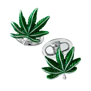 Cannabis Green Enamel Leaf Sterling Cufflinks
