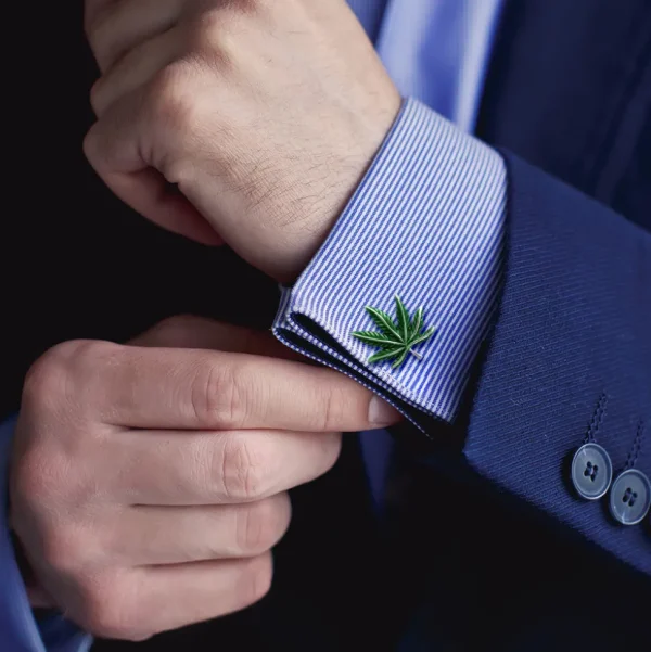 Cannabis Green Enamel Leaf Sterling Cufflinks