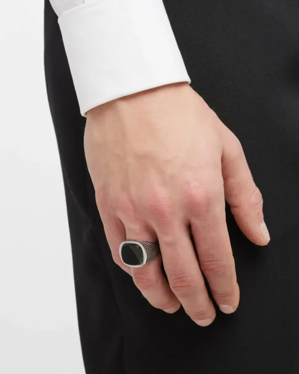 Cross Etched Black Onyx Sterling Silver Ring