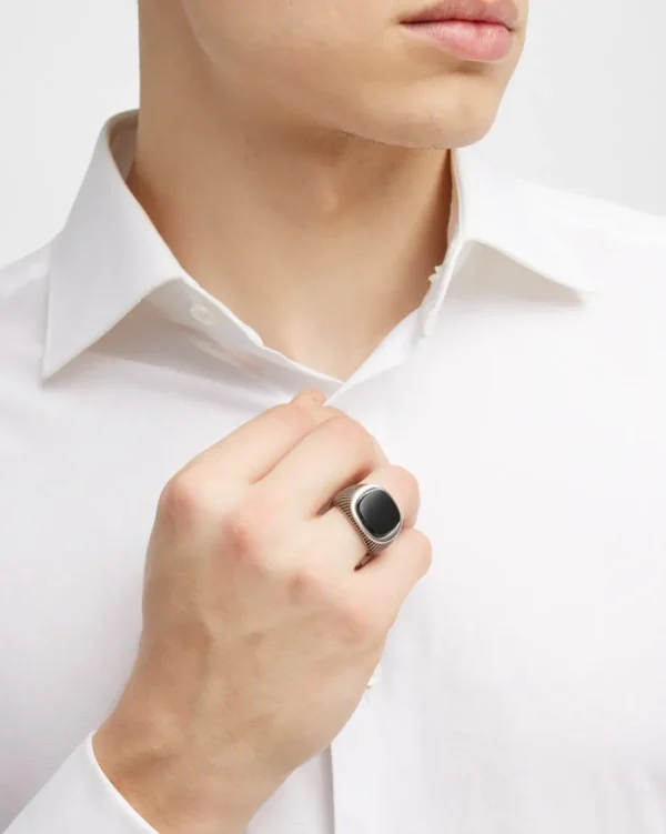 Cross Etched Black Onyx Sterling Silver Ring