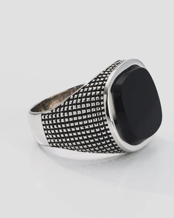 Cross Etched Black Onyx Sterling Silver Ring