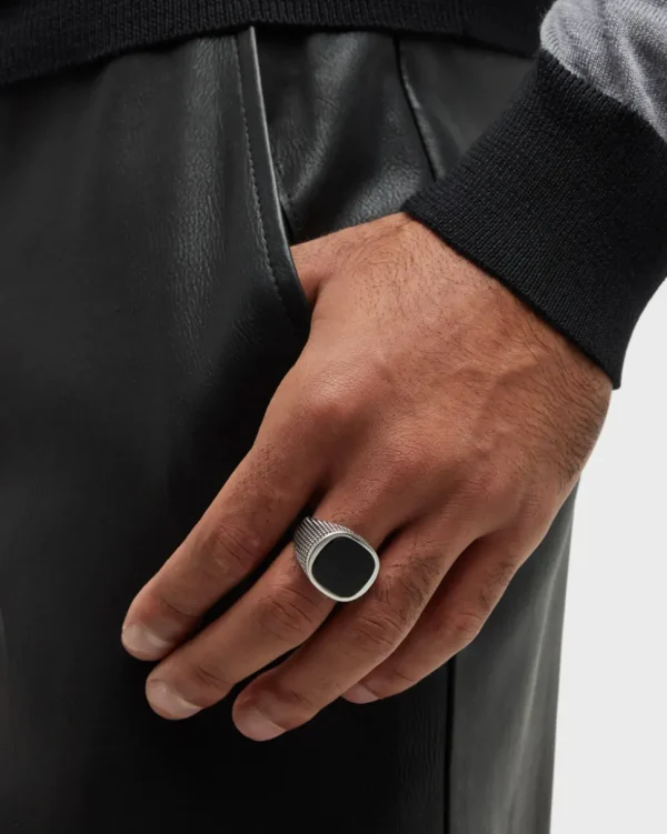 Cross Etched Black Onyx Sterling Silver Ring