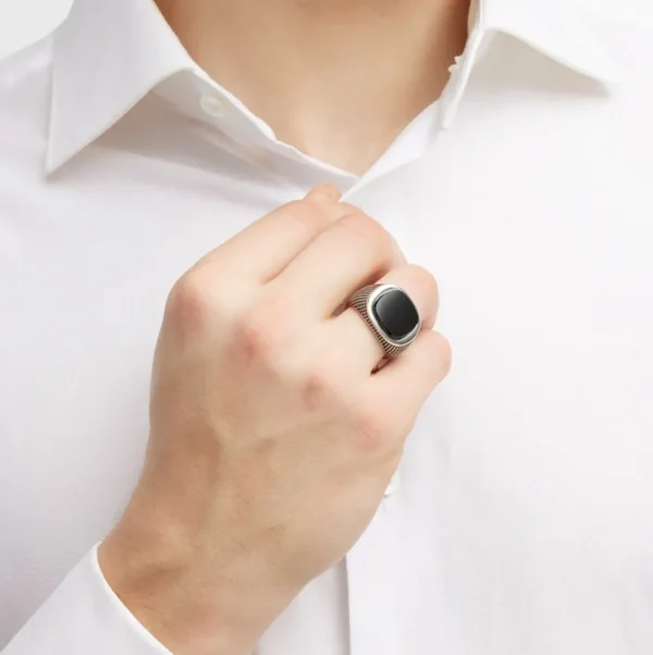 Cross Etched Black Onyx Sterling Silver Ring