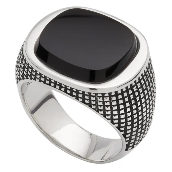 Cross Etched Black Onyx Sterling Silver Ring
