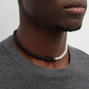 Diamond Accent Pearl & Black Agate Beaded Necklace