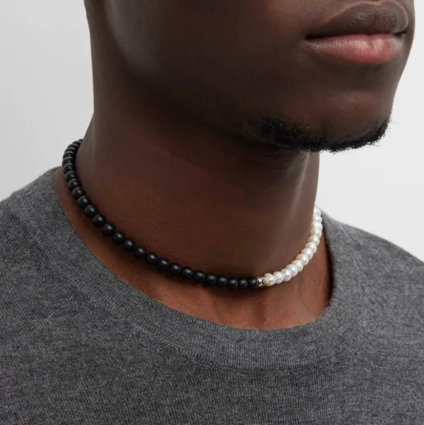 Diamond Accent Pearl & Black Agate Beaded Necklace