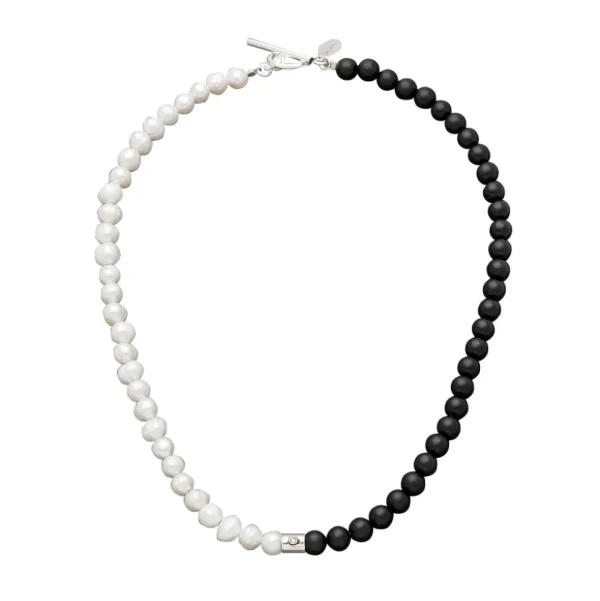 Diamond Accent Pearl & Black Agate Beaded Necklace