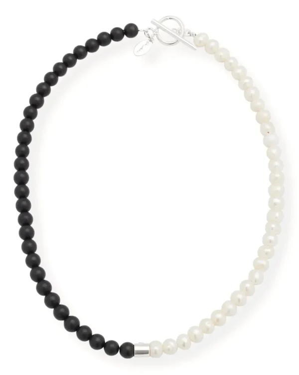 Diamond Accent Pearl & Black Agate Beaded Necklace