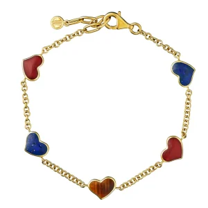 Five Station Gemstone Heart Sterling Silver Bracelet with 18K Gold Vermeil