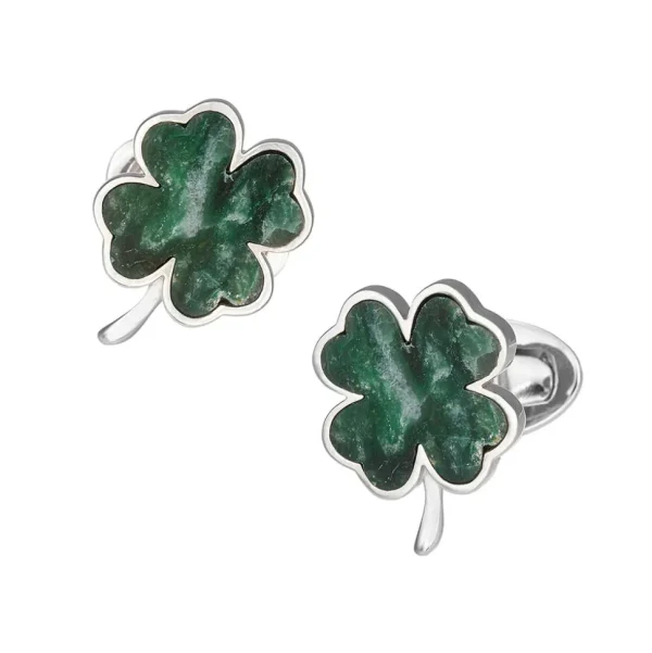 Four Leaf Clover Green Onyx Sterling Cufflinks