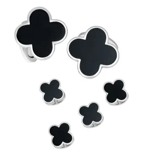 Four Leaf Clover Onyx Sterling Cufflinks & Studs