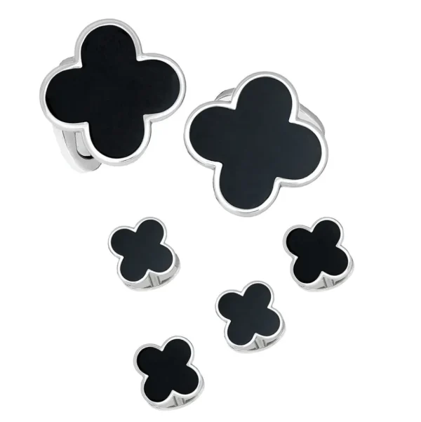 Four Leaf Clover Onyx Sterling Cufflinks & Studs