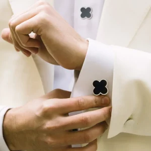 Four Leaf Clover Onyx Sterling Cufflinks & Studs