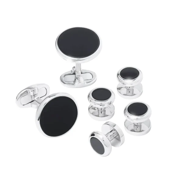 Gemstone Inlay Round Sterling Cufflink & Tuxedo Stud Set