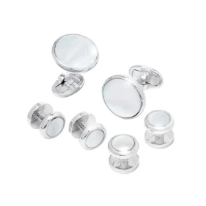 Gemstone Inlay Round Sterling Cufflink & Tuxedo Stud Set