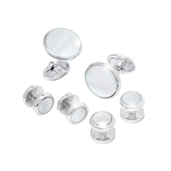 Gemstone Inlay Round Sterling Cufflink & Tuxedo Stud Set