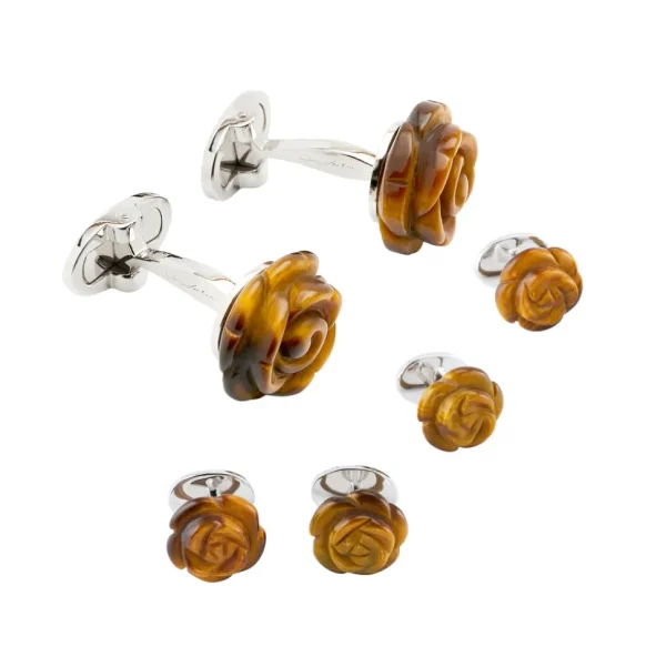 Hand Carved Tiger Eye Rose Sterling Silver Cufflinks and Tuxedo Studs