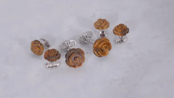 Hand Carved Tiger Eye Rose Sterling Silver Cufflinks and Tuxedo Studs
